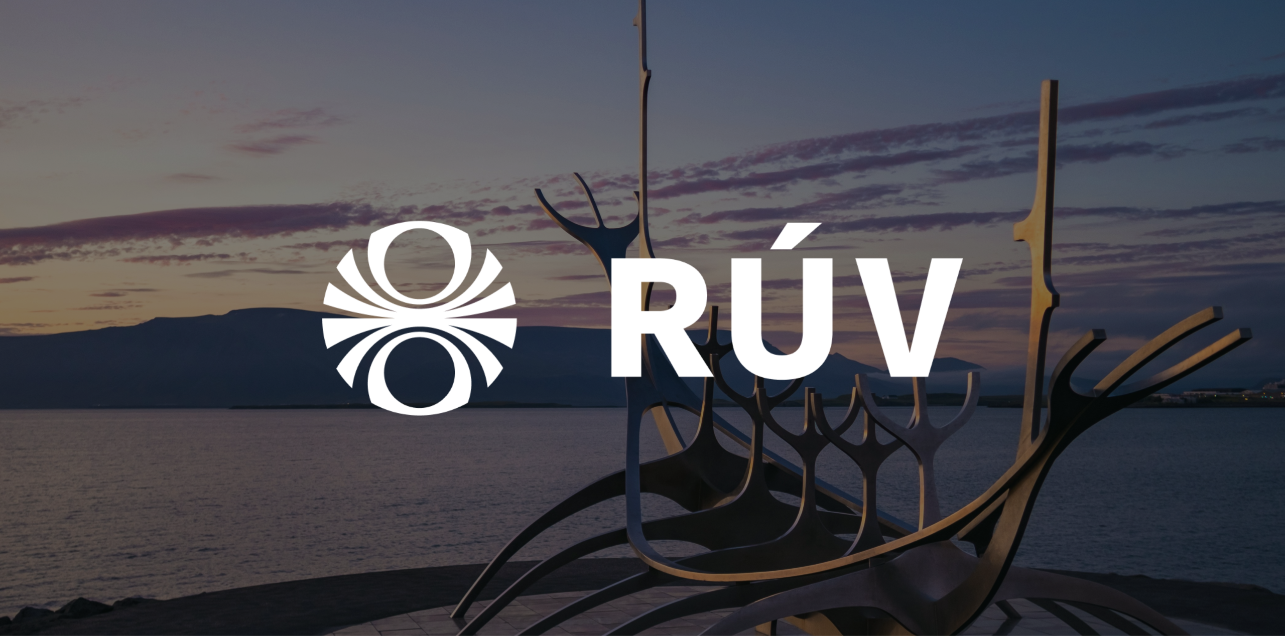 RÚV streaming service. Boat statue in Reykjavik, Iceland with white RÚV logo on top