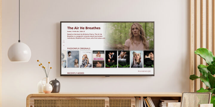 Tv screen with Passionflix streaming app running