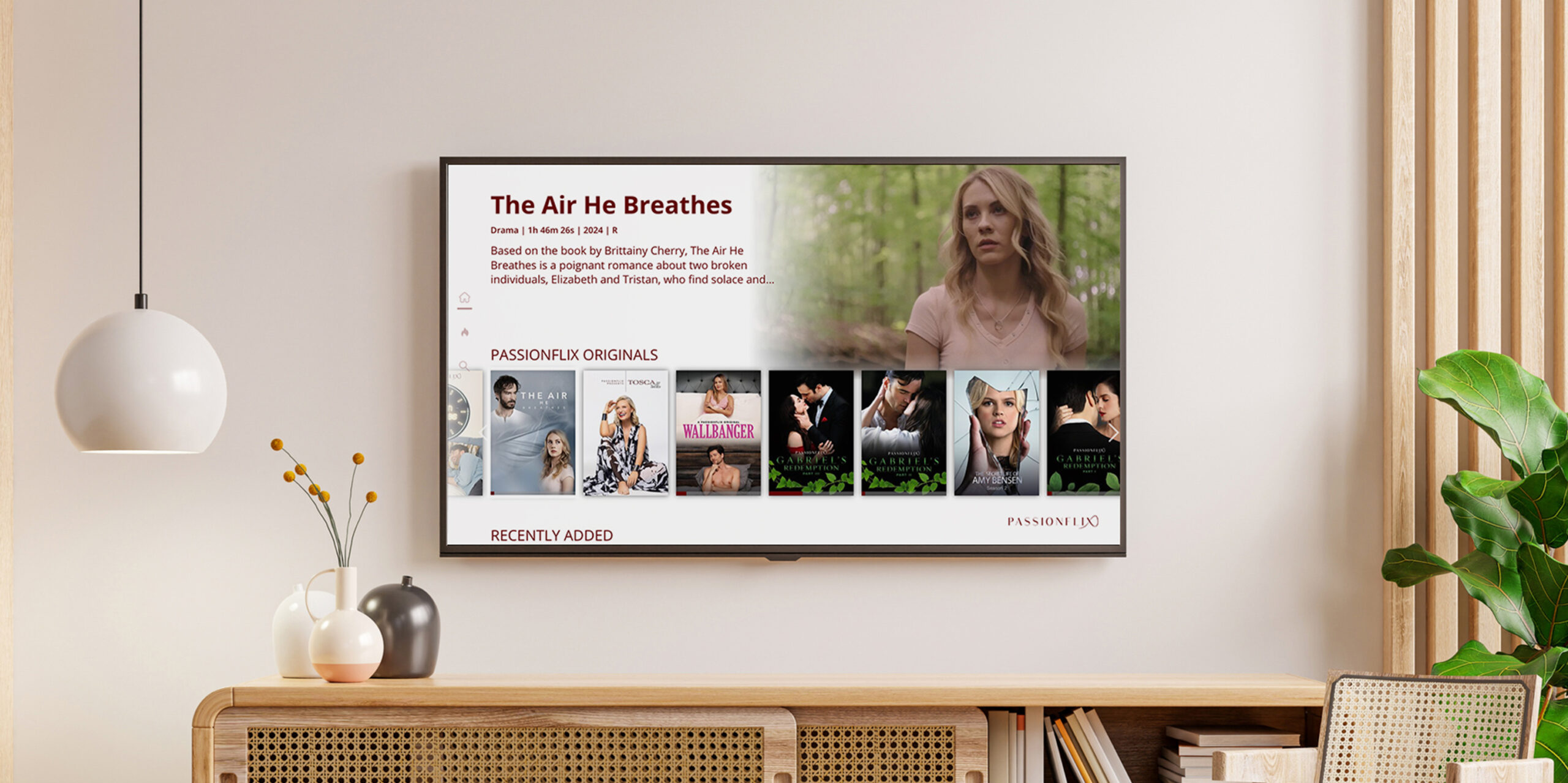 Tv screen with Passionflix streaming app running