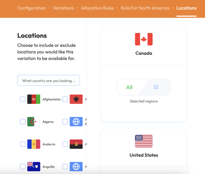 Service variations tool, showing the the option to target by location.