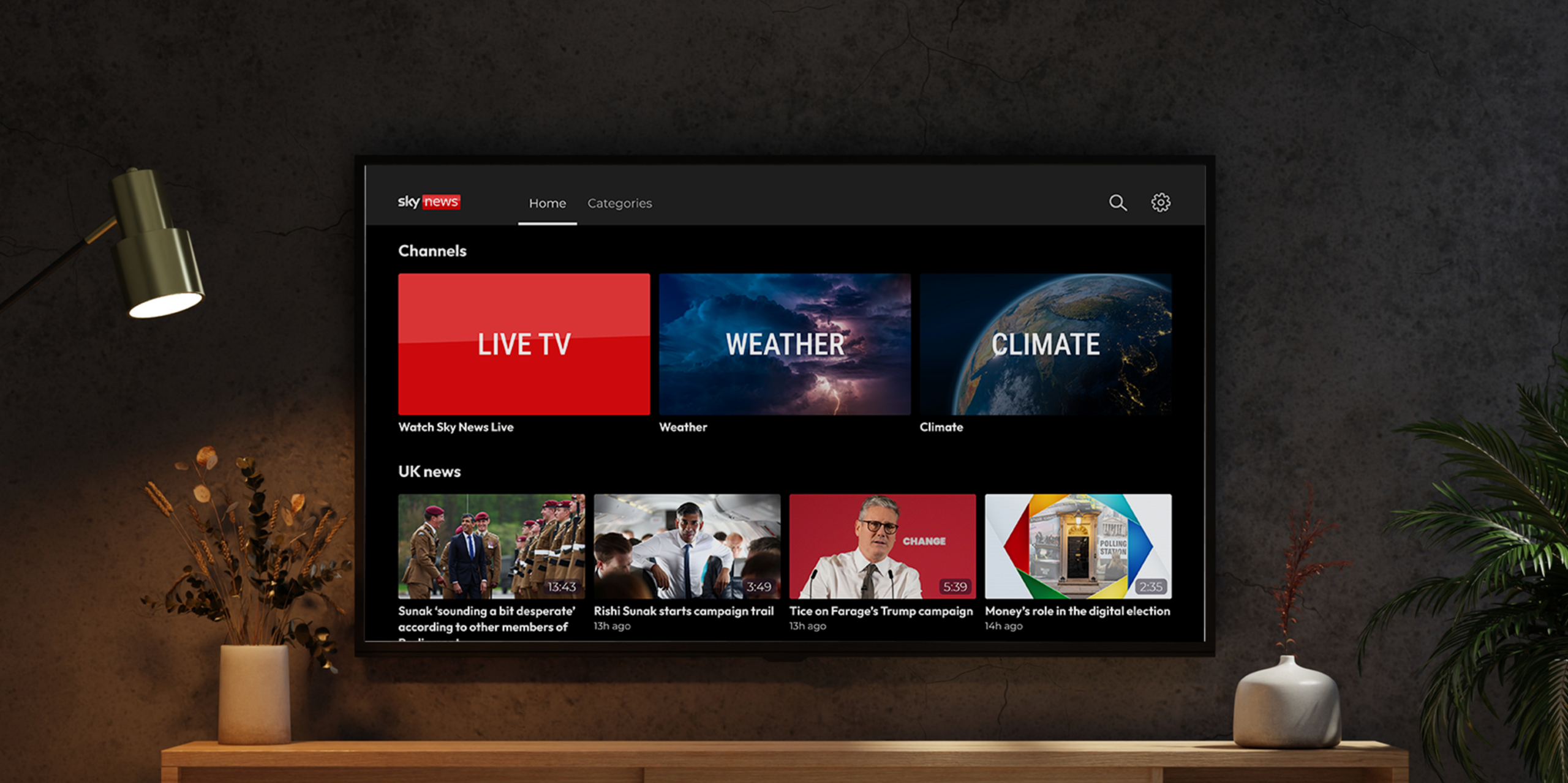 TV screen with Sky TV News UK app running