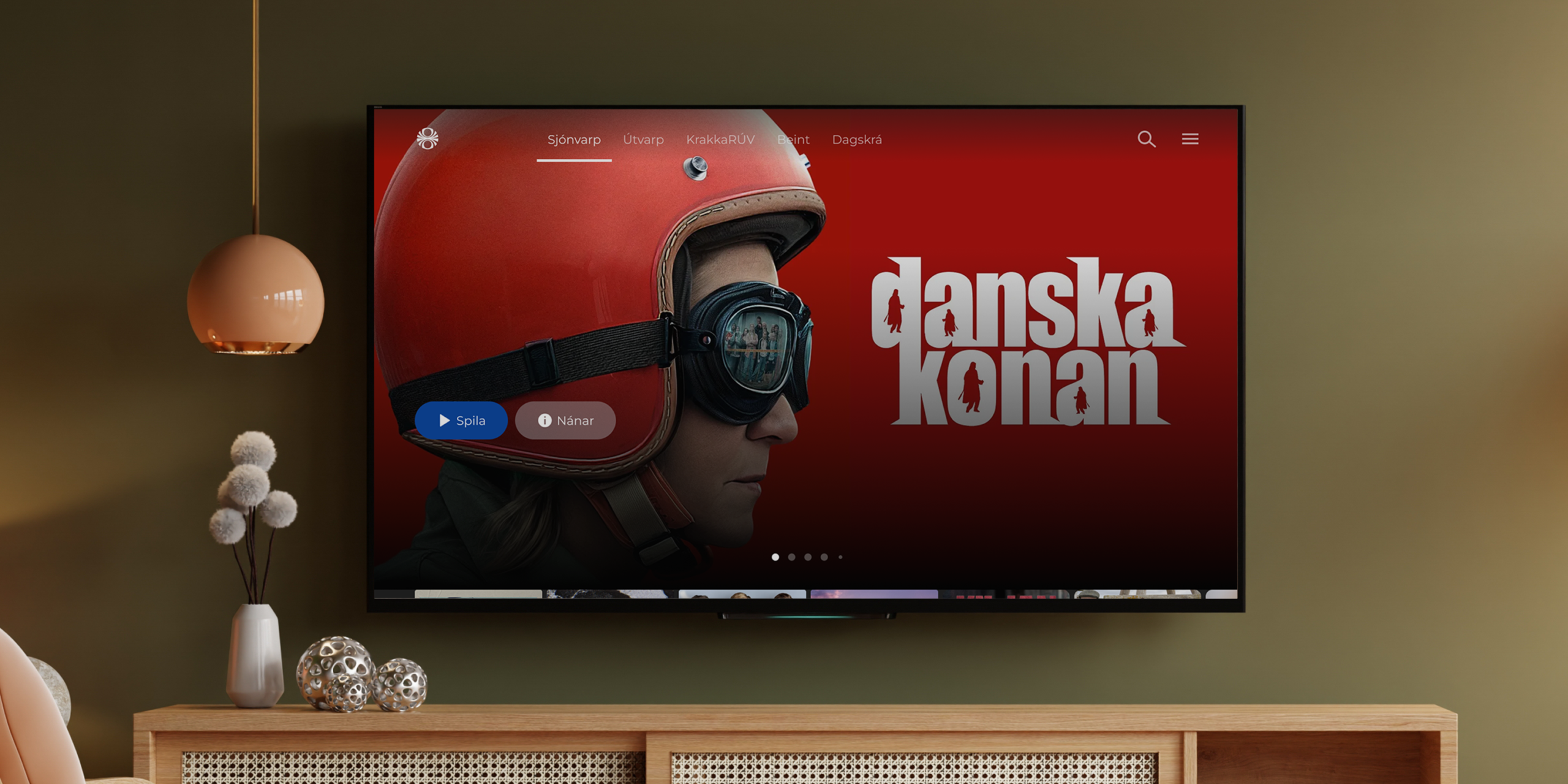 public broadcaster OTT platform . Broadcaster OTT platform management. TV screen with RUV app running