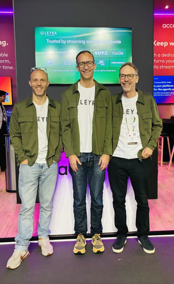 Photo of Matthew Wilkinson, Markus Hejdenberg and Joe Foster in front of the stand at IBC